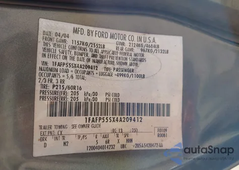 2004 Ford Taurus Ses из США, поврежденный, VIN 1FAFP55SX4A209412